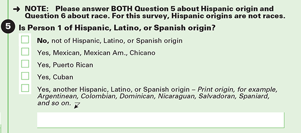 Question Asking About One’s Hispanic Origin in the 2020 U.S. Census. (Figure reprinted from the American Community Survey (2020): https://censusreporter.org/topics/race-hispanic/ [archived at https://perma.cc/LRW6-4JAJ])